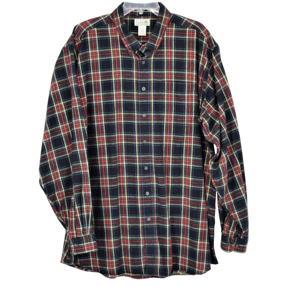 LL Bean Scotch Plaid Flannel Button Shirt Mens XXL Tall Black Red Yellow 0BHG6